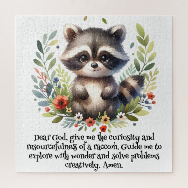 Puzzle Raccoon Woodland Niños Oración Cristiana en Blanco (Vertical)