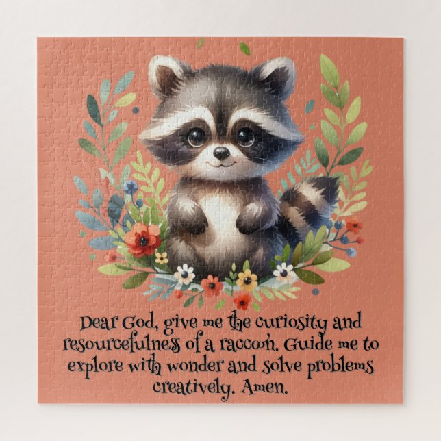 Puzzle Raccoon Woodland Niños Oración Cristiana en Rosa | (Vertical)