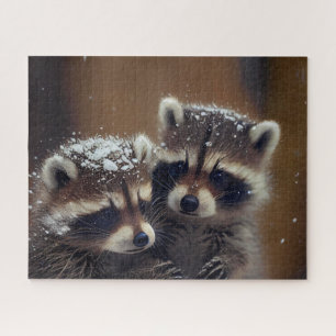 Puzzle Raccoons de bebé se apiñan en la nieve en caída