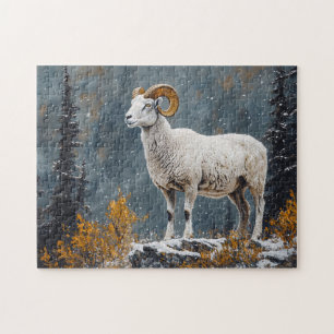 Puzzle Ram blanco parado en la montaña nevada