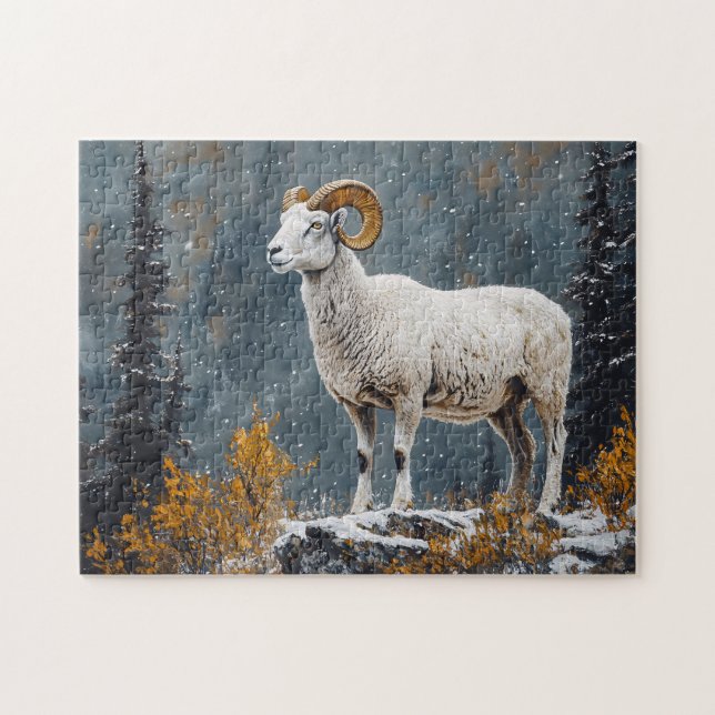 Puzzle Ram blanco parado en la montaña nevada (Horizontal)