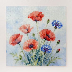 Puzzle Ramo de amapola roja acuarela y aciano azul
