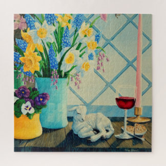 Puzzle Ramo de flores de primavera, Cordero de Dios/vino/