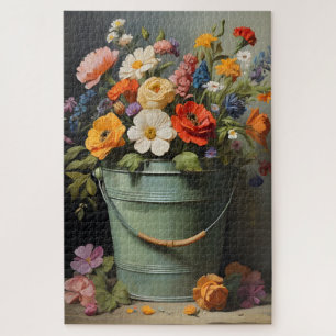 Puzzle Ramo de flores de verano pintadas en un cubo verde