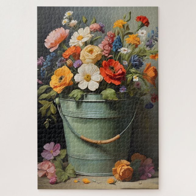 Puzzle Ramo de flores de verano pintadas en un cubo verde (Vertical)