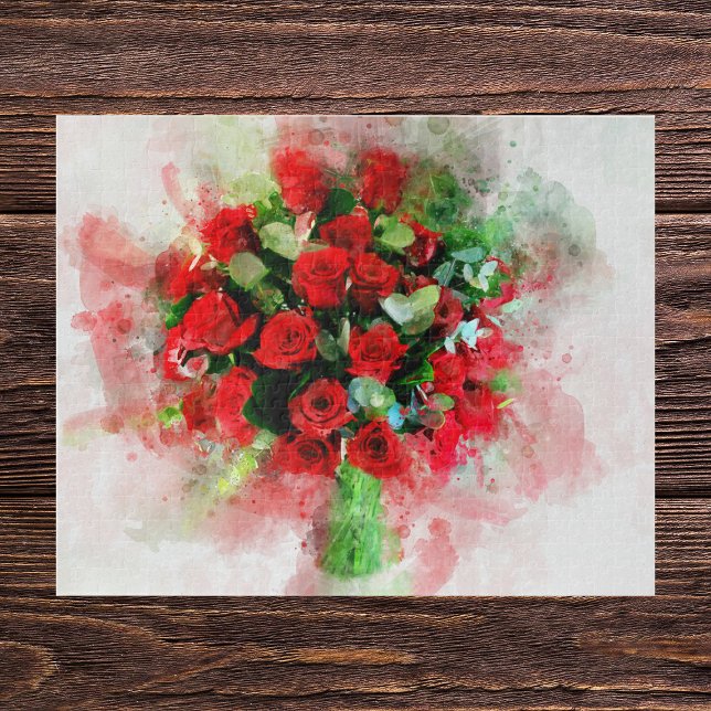 Puzzle Ramo de Rosas Rojas Acuarela sobre Fondo Blanco (Red Roses Bouquet Watercolor on White Background. Jigsaw Puzzle)