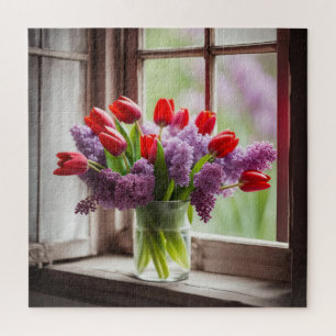 Puzzle Ramo de Tulipán Rojo y Lila