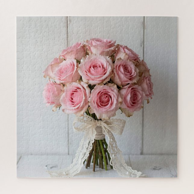 Puzzle Ramo Romántico de Rosas Rosadas con Encaje Perla (Vertical)