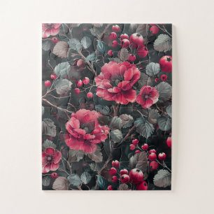 Puzzle Raspberry, flores borgoñas en gris oscuro