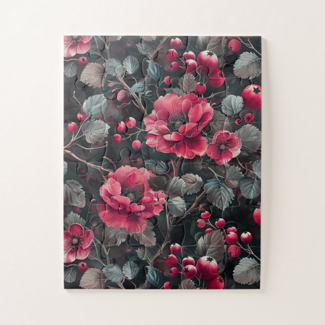 Puzzle Raspberry, flores borgoñas en gris oscuro (Vertical)