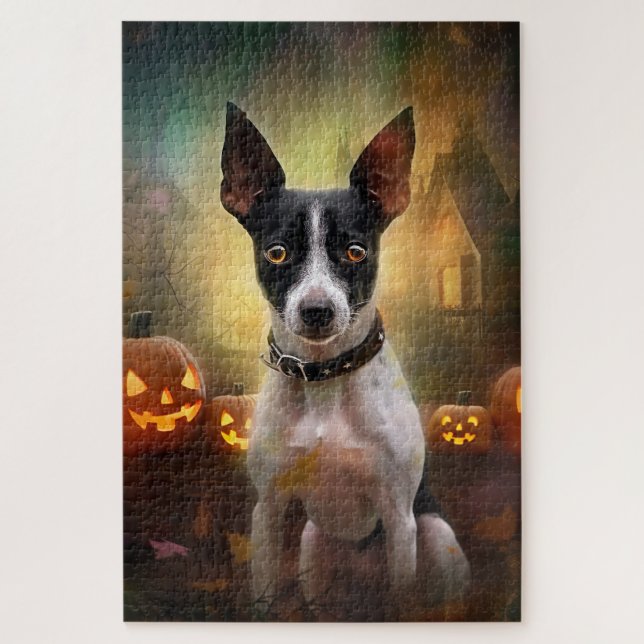 Puzzle Rat Terrier de Halloween con calabazas asustadas (Vertical)