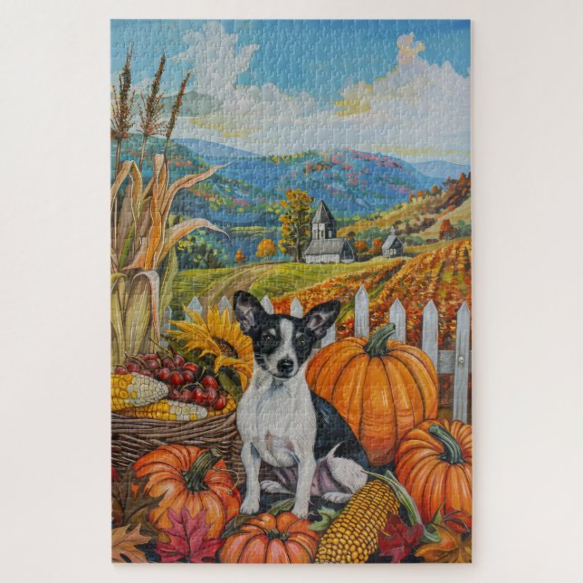 Puzzle Rat Terrier Dog Otumn Harvest Acción de Gracias (Vertical)