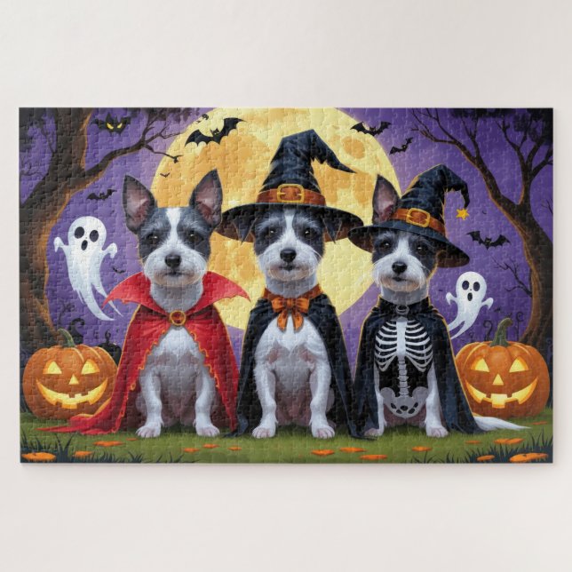 Puzzle Rat Terrier Perros Calabaza Halloween Graciosa (Horizontal)