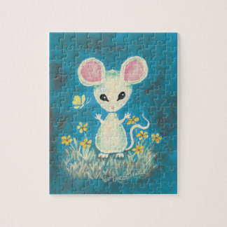 Puzzle Ratón blanco con las flores y la mariposa