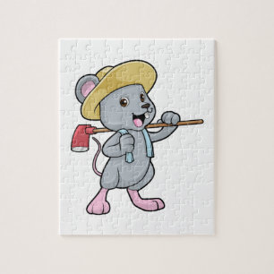 Puzzle Ratón como granjero con hacha y Gorra