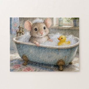 Puzzle Ratón en baño de burbujas con patito amarillo
