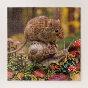 Puzzle Ratón Pequeño Montando Caracol en el Bosque de Oto