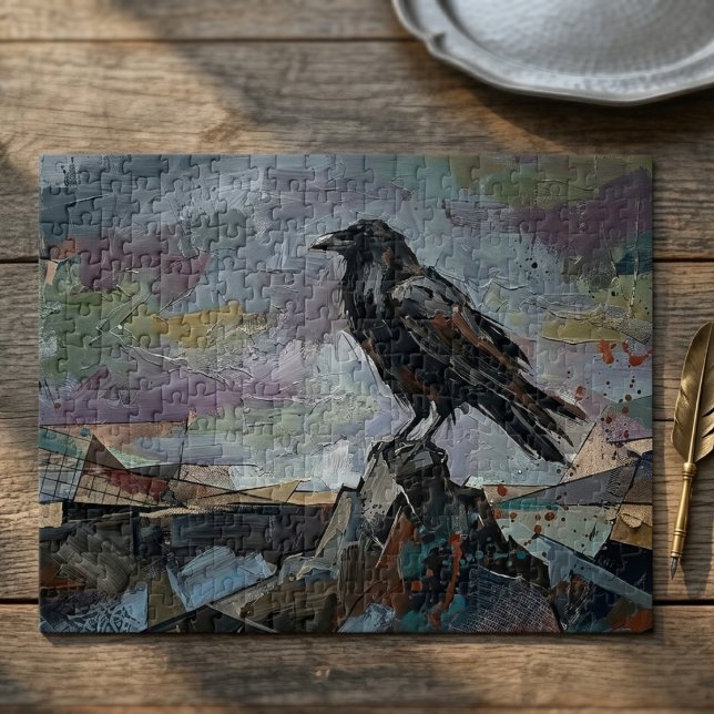 Puzzle Raven on Peak – Impasto Corvid Dark Gothic (Dark gothic raven jigsaw puzzle)