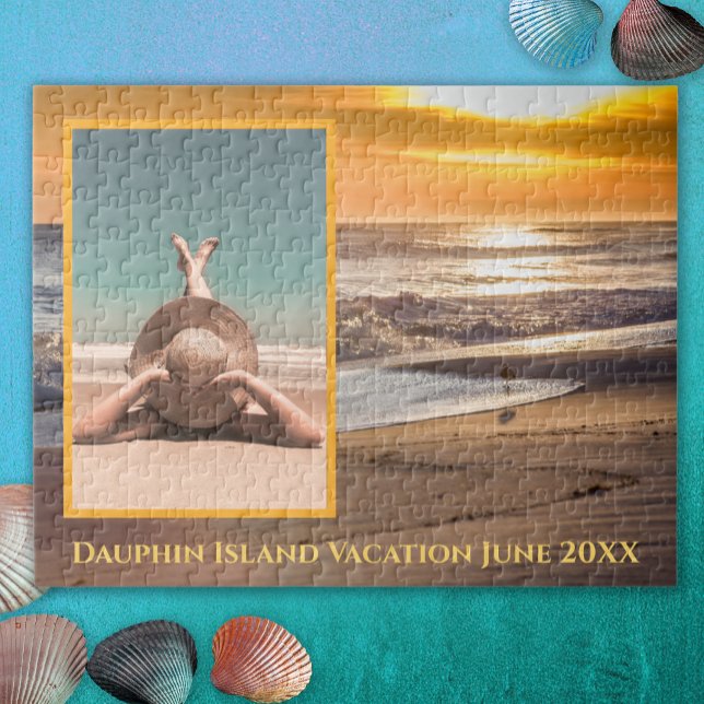 Puzzle Recuerdos de vacaciones de personalizado Photo Bea (Vacation Memory Beach Sunset with Family Photo Jigsaw Puzzle)
