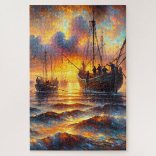 Puzzle Recuperación de fuego de pescadores al atardecer