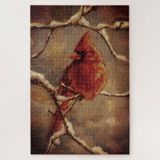 Puzzle Red Cardinal Bird Oil Painting – Winter Branch