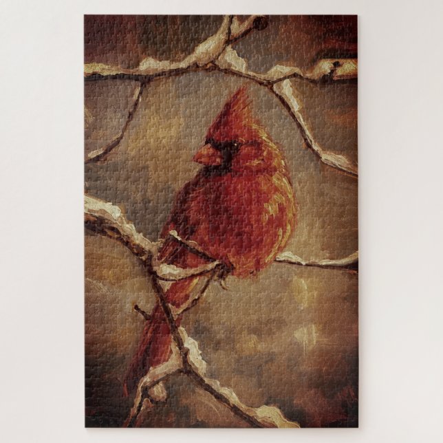 Puzzle Red Cardinal Bird Oil Painting – Winter Branch (Vertical)