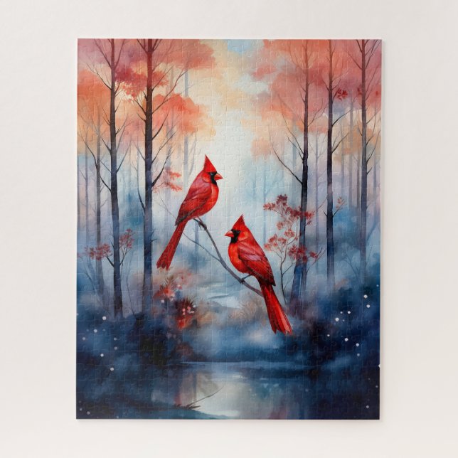 Puzzle Red Cardinal Birds in a Misty Forest (Vertical)