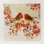 Puzzle Red Gold Winter Birds Holly Berry Branches<br><div class="desc">Nature in a cheerful scene of birds sitting on leafy branches while winter has been ushered into a forest,  covering every tree and branch with a dusting of snow.</div>