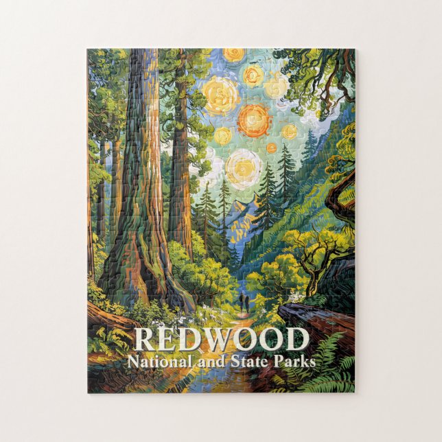 Puzzle Redwood Mountain Forest Colorful Hiking Painting (Vertical)