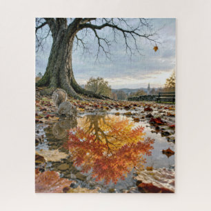 Puzzle Reflejo de árbol de otoño en charco con ardilla