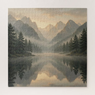 Puzzle Reflejo del lago de la montaña brumosa Bosque de p