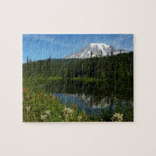 Puzzle Reflejo del lago del Monte Rainier con flores silv