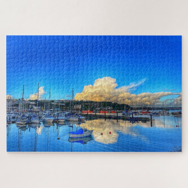 Puzzle Reflejos de Brixham: Nubes doradas y vista al puer (Horizontal)