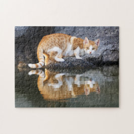 Puzzle Reflexión del gato en agua de estanque, juego
