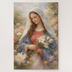 Puzzle Regalo de devoción floral de María Madre en acuare
