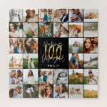 Puzzle Regalo de escritura fotográfica de 100 años modern<br><div class="desc">Guión moderno minimo de fotos multifoto regalo de cumpleaños 100. Regalo ideal para mamáes,  papás,  abuelo,  abuelo,  abuelo de cualquier miembro de la familia. Impresionante texto elegante del guión. Diseño negro,  blanco y dorado.</div>
