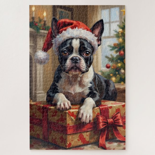 Puzzle Regalo de Navidad para perro Boston Terrier elegan (Vertical)
