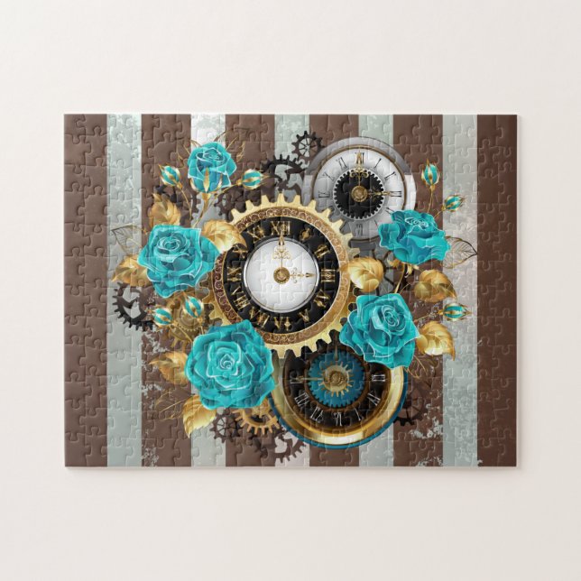 Puzzle Reloj de vapor y Rosas turquesa a rayas (Horizontal)