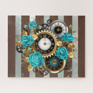 Puzzle Reloj de vapor y Rosas turquesa a rayas
