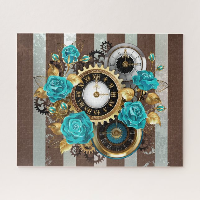 Puzzle Reloj de vapor y Rosas turquesa a rayas (Horizontal)