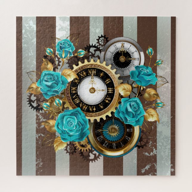 Puzzle Reloj de vapor y Rosas turquesa a rayas (Horizontal)