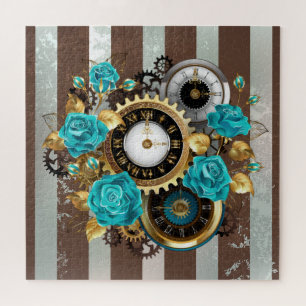 Puzzle Reloj de vapor y Rosas turquesa a rayas