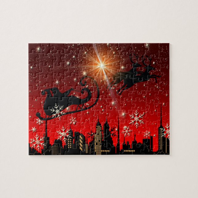 Puzzle Reno de Papá Noel y vuelo del trineo (Horizontal)