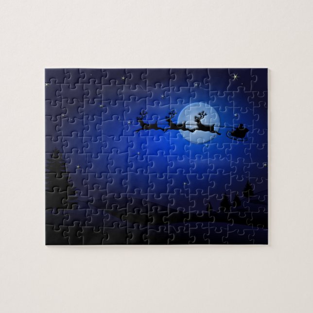Puzzle Reno y trineo de Papá Noel sobre la luna (Horizontal)