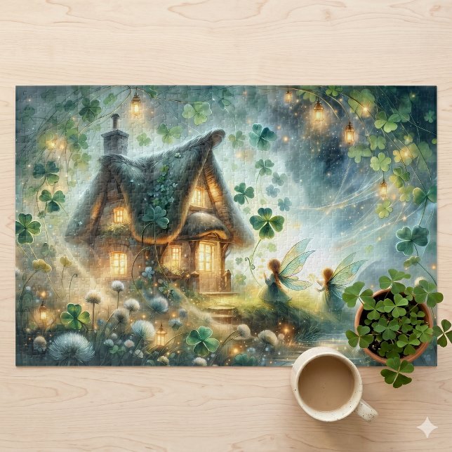 Puzzle Resplandor de la casa de hadas del trébol (Shamrock Fairy Cottage Glow Jigsaw Puzzle)
