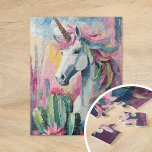 Puzzle Resumen caprichoso Unicornio y suculentos<br><div class="desc">Un cuadro abstracto moderno con un magnífico unicornio rodeado de cactus y suculentos de colores pastel. El unicornio, pintado de líneas fluidas y colores vivos, se distingue de los suaves tonos de rosa rubor, verduras de menta y azul pálido de las plantas desérticas. Esta divertida e imaginativa composición combina el...</div>