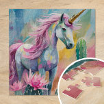 Puzzle Resumen caprichoso Unicornio y suculentos<br><div class="desc">Un cuadro abstracto moderno con un magnífico unicornio rodeado de cactus y suculentos de colores pastel. El unicornio, pintado de líneas fluidas y colores vivos, se distingue de los suaves tonos de rosa rubor, verduras de menta y azul pálido de las plantas desérticas. Esta divertida e imaginativa composición combina el...</div>