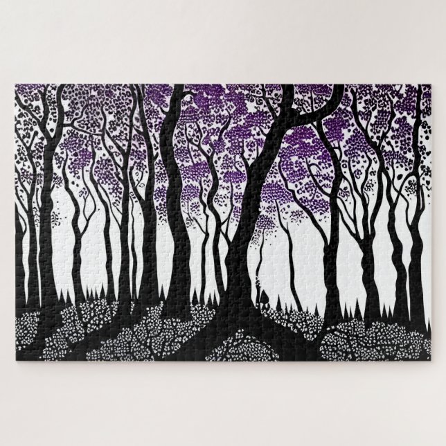 Puzzle Resumen de bosques blancos y negros con hojas mora (Horizontal)