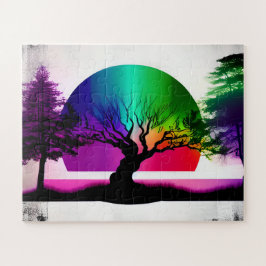 Puzzle Resumen del arcoiris detrás de siluetas de árboles