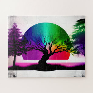 Puzzle Resumen del arcoiris detrás de siluetas de árboles